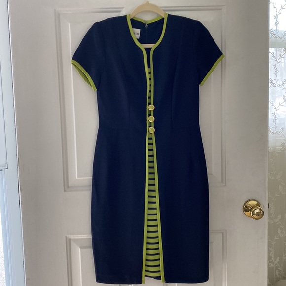 Vintage Danny & Nicole New York Navy w/ Lime Green Dress Petite 4 - Picture 7 of 7